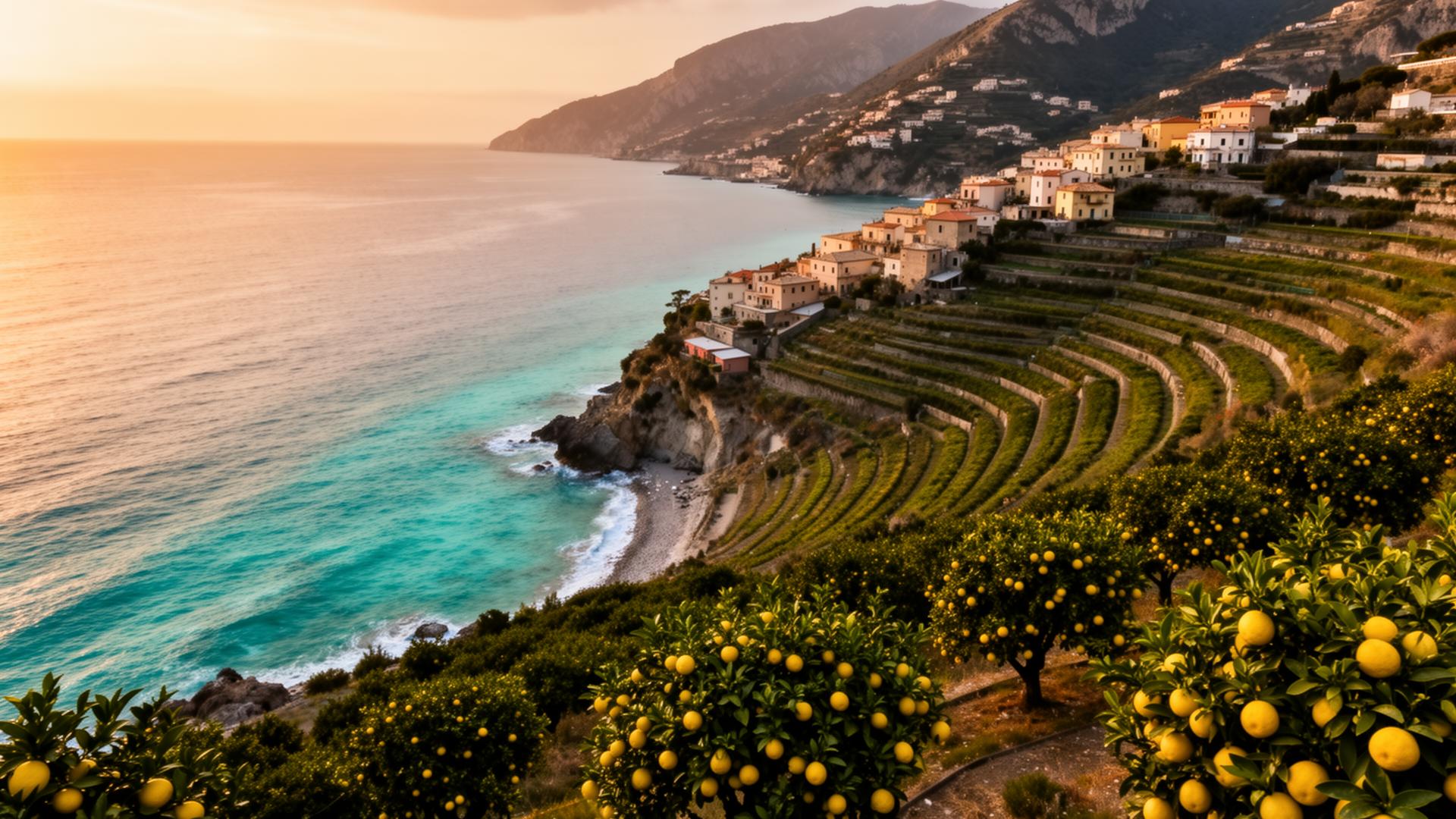Calabrian coast and bergamot orchards at golden hour