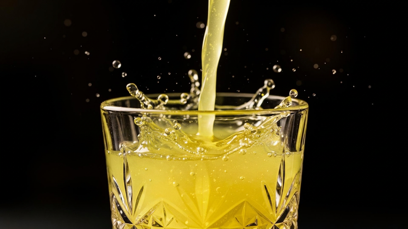 Cold-pressed bergamot juice pouring into crystal